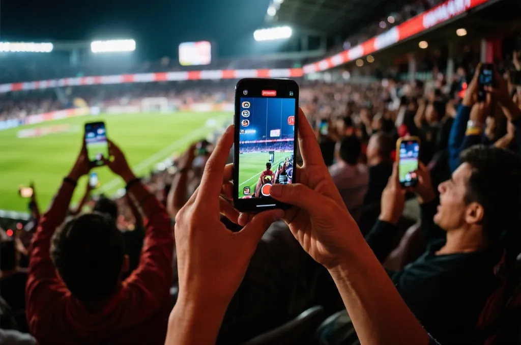 观赛并使用手机操作的场景示意图