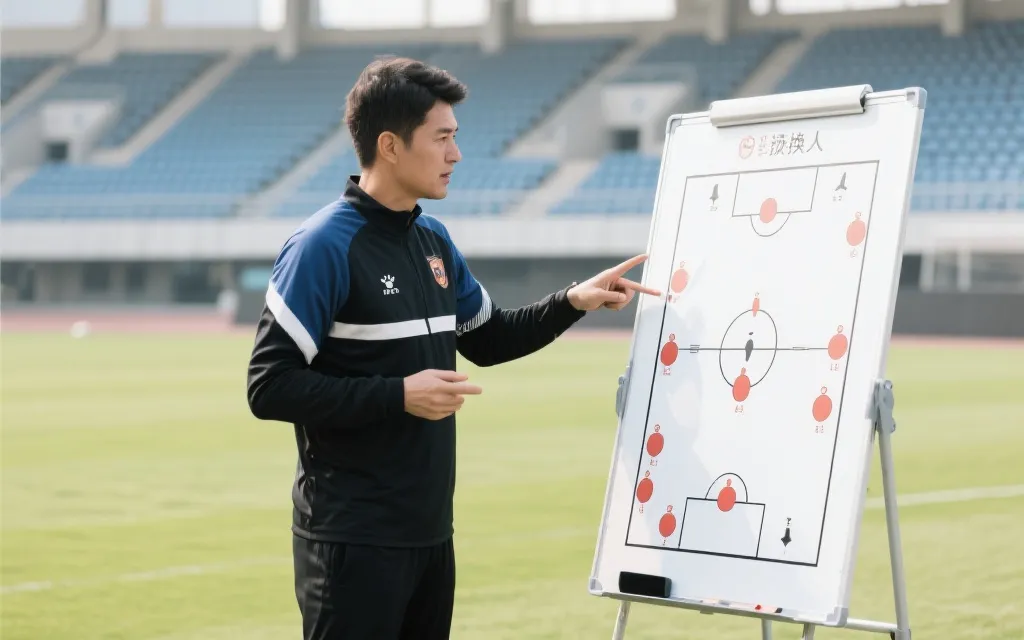 教练在战术板前布置攻防与换人策略