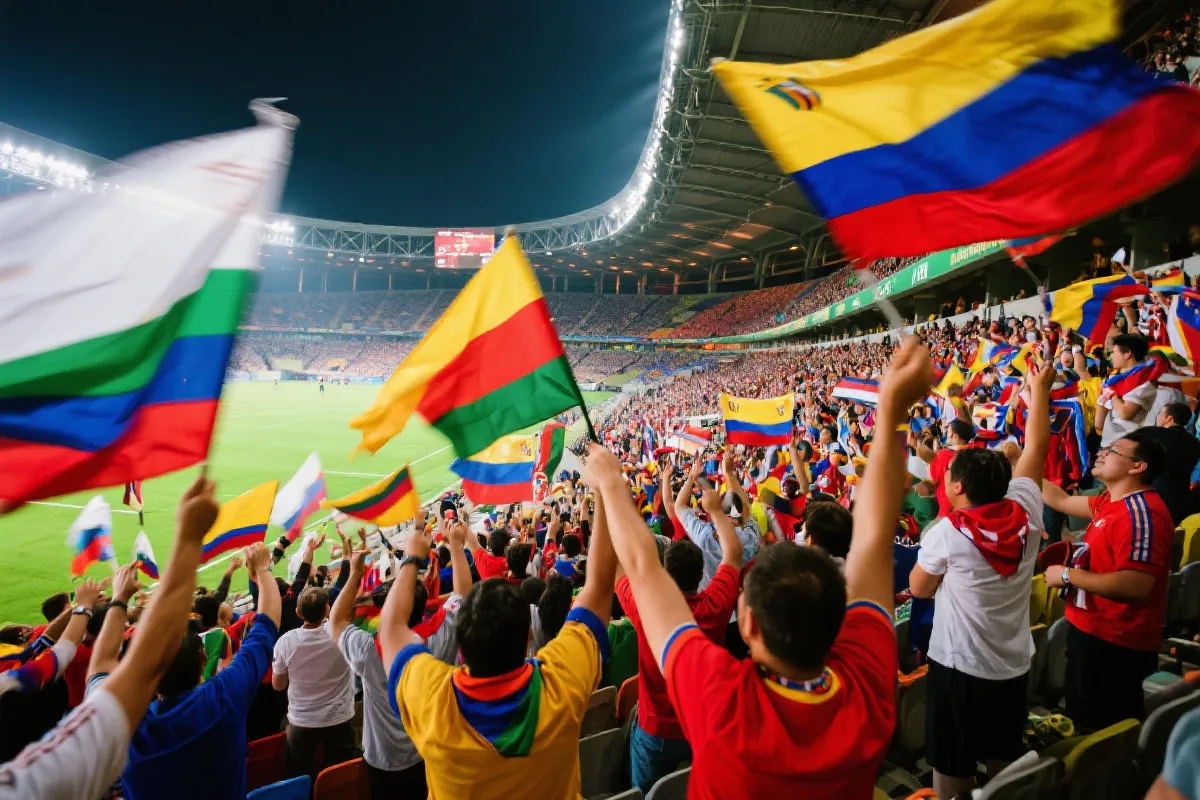 球迷在体育场内挥舞旗帜热情欢呼